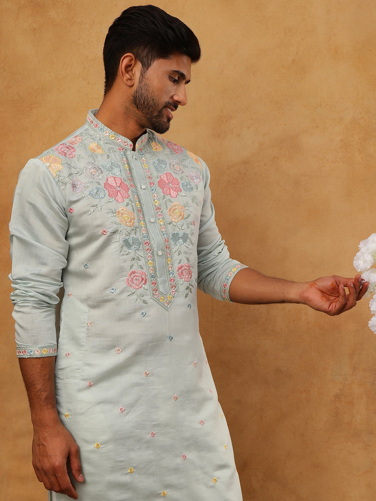 Silk Blend Embroidered Kurta Pyjama
