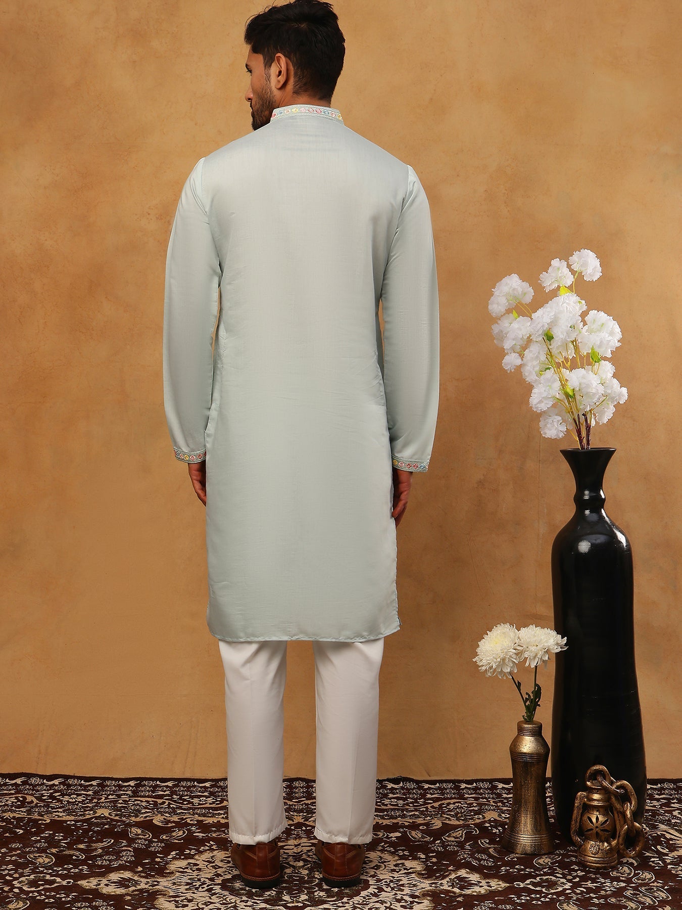 Silk Blend Embroidered Kurta Pyjama