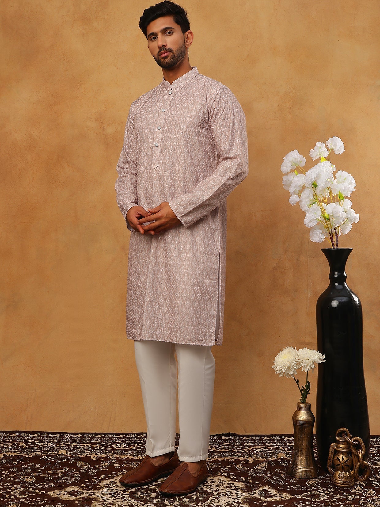 Cotton Blend Printed Embroidered Kurta Pyjama