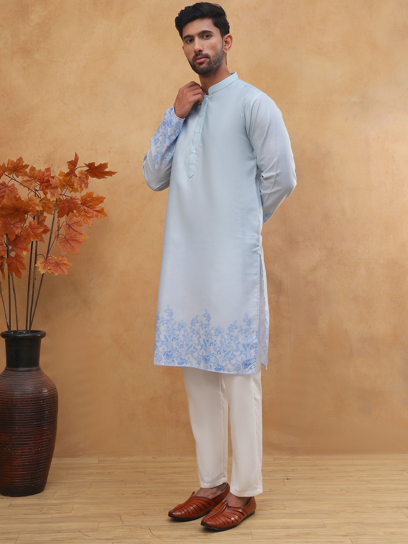 Men S Cotton Blend Printed Kurta Pyjama