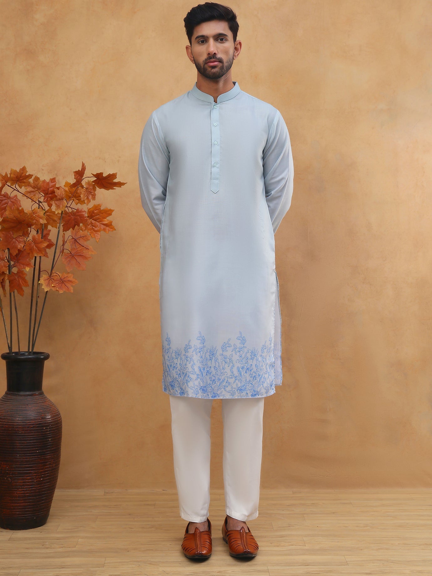 Men S Cotton Blend Printed Kurta Pyjama