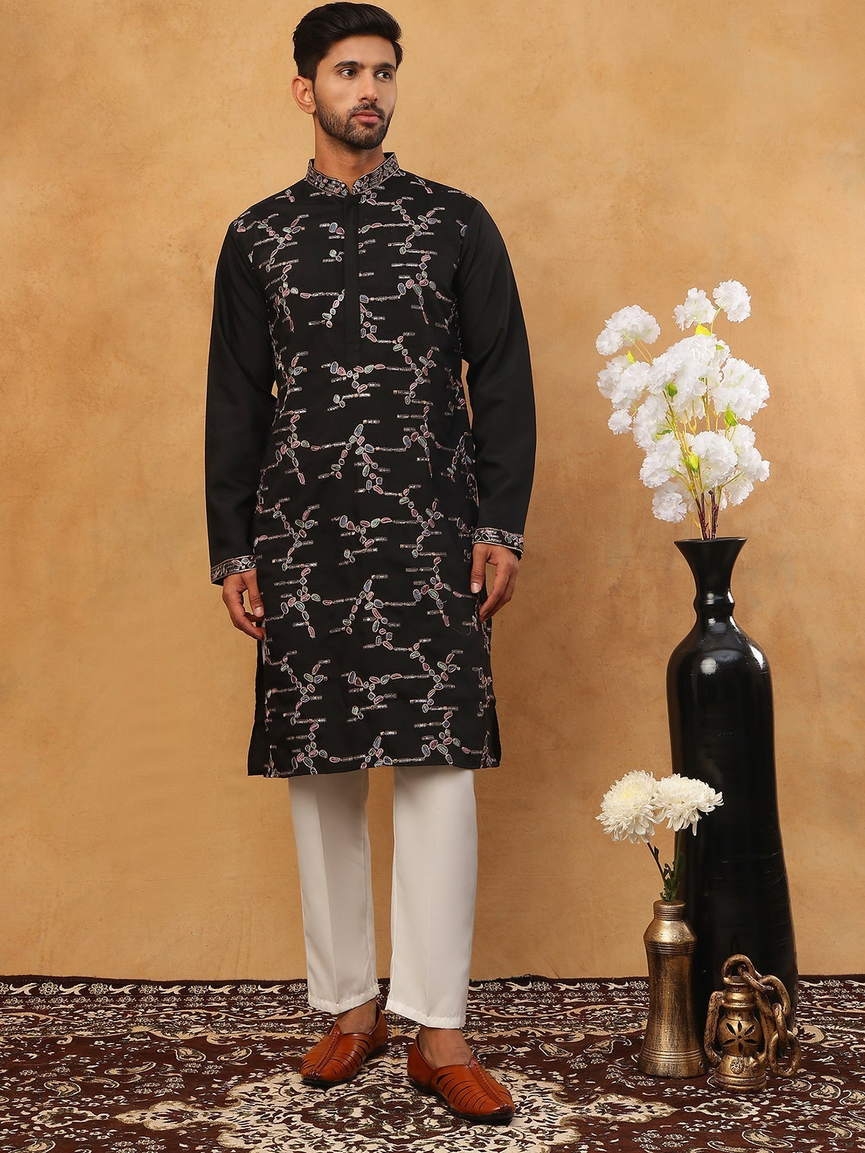 Embroidered Silk Blend Kurta Pyjama Set