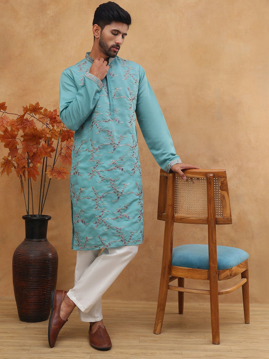 Embroidered Silk Blend Kurta Pyjama Set