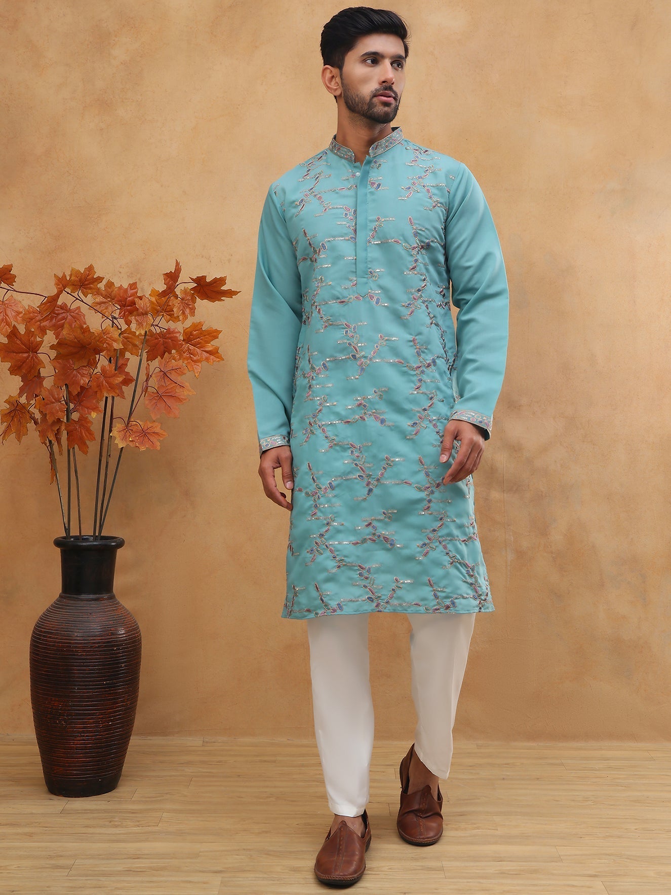 Embroidered Silk Blend Kurta Pyjama Set