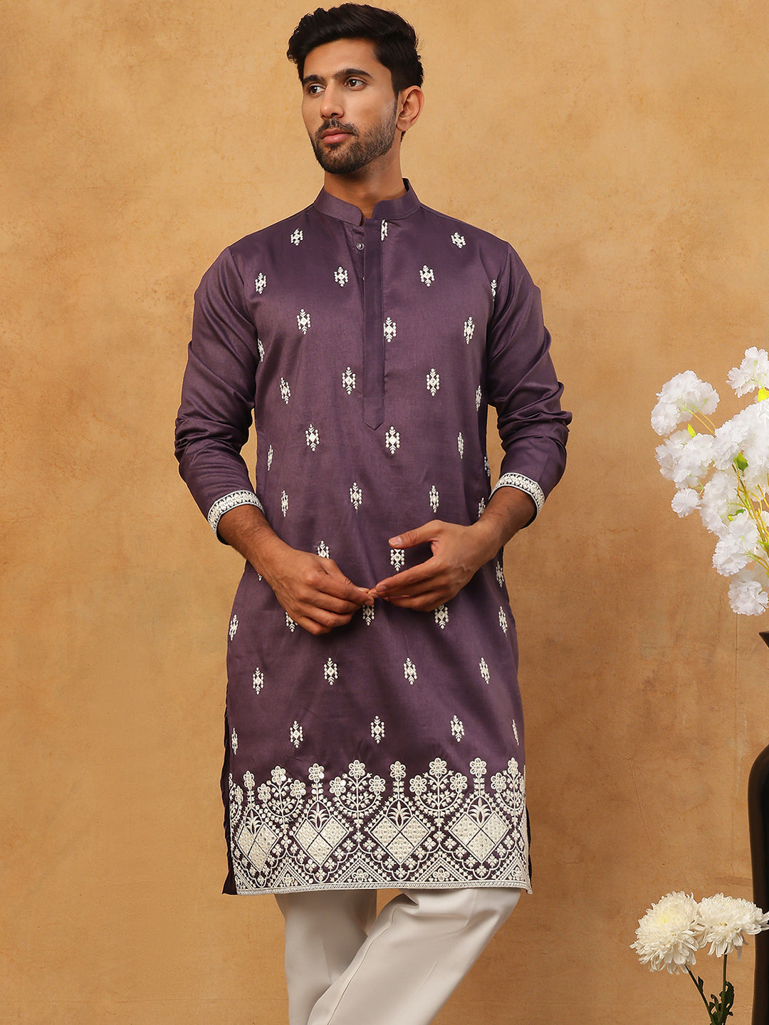 Traditional Silk Blend Embroidered Kurta Pyjama