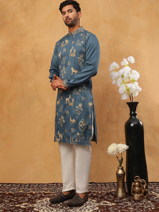 Men Silk Blend Kurta Pyjama With Embroidery