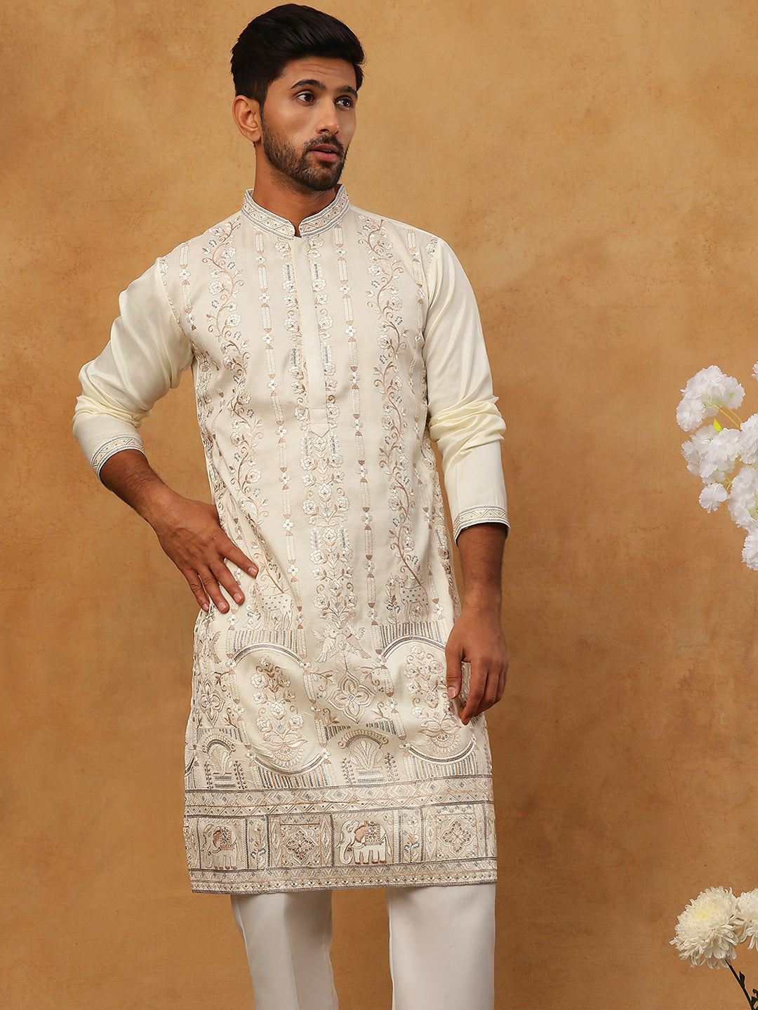 Men Silk Blend Embroidered Kurta Pyjama