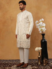 Men Silk Blend Embroidered Kurta Pyjama