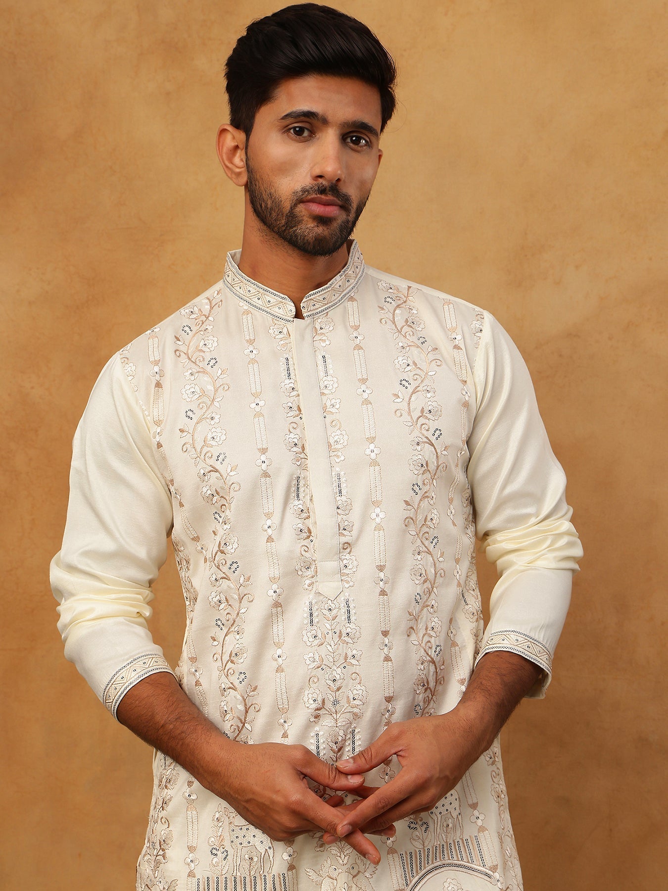 Men Silk Blend Embroidered Kurta Pyjama