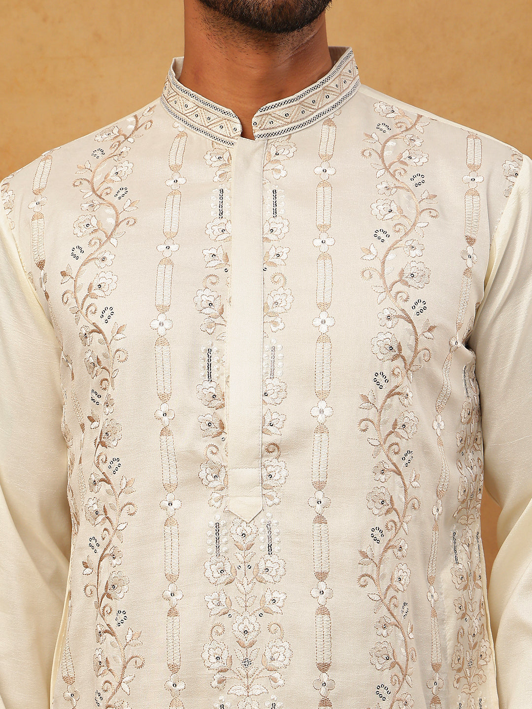 Men Silk Blend Embroidered Kurta Pyjama