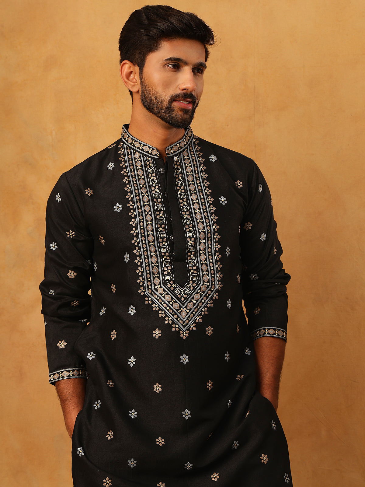 Ethnic Silk Blend Foil Print Kurta Pyjama Set