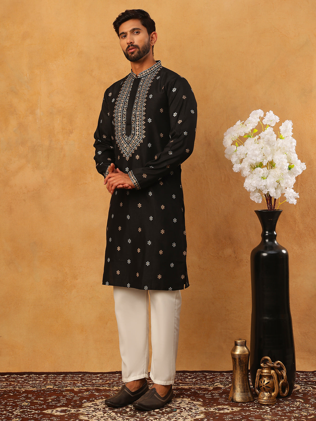 Ethnic Silk Blend Foil Print Kurta Pyjama Set