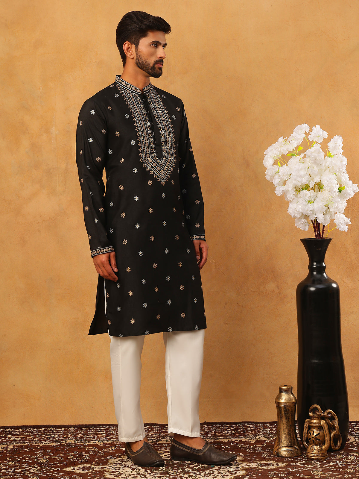 Ethnic Silk Blend Foil Print Kurta Pyjama Set