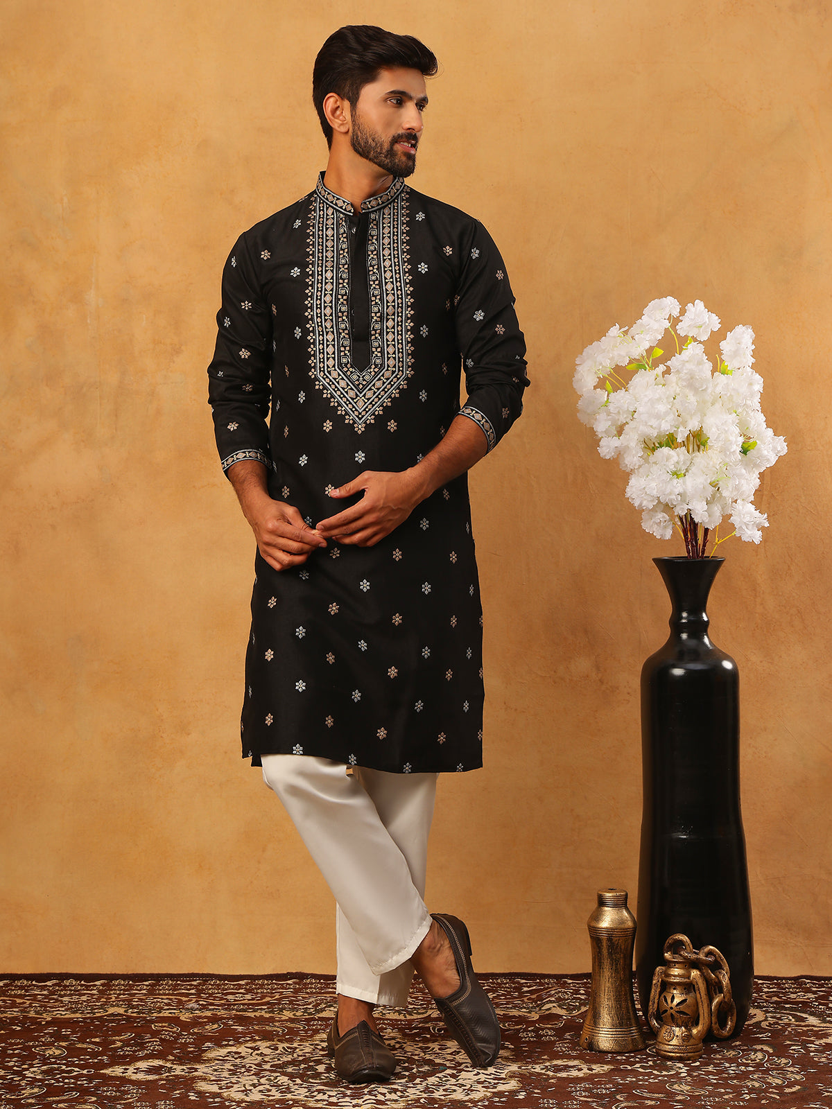 Ethnic Silk Blend Foil Print Kurta Pyjama Set