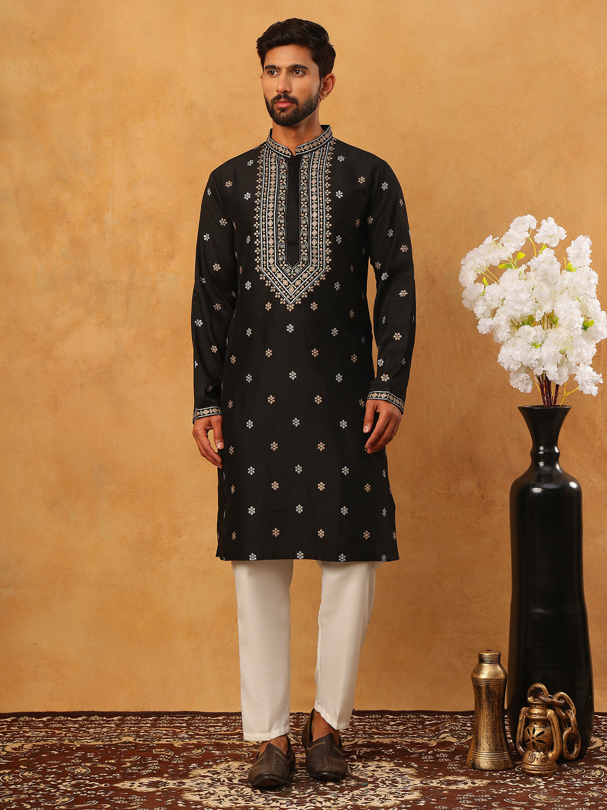 Ethnic Silk Blend Foil Print Kurta Pyjama Set