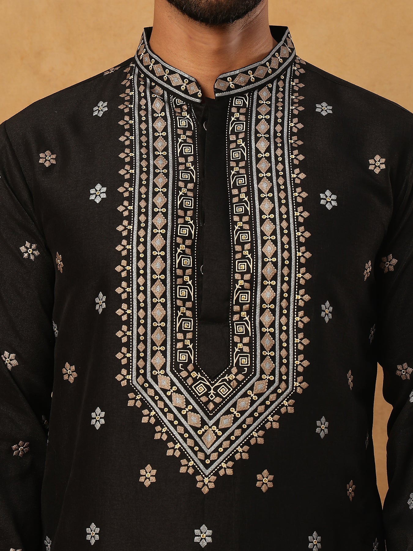 Ethnic Silk Blend Foil Print Kurta Pyjama Set