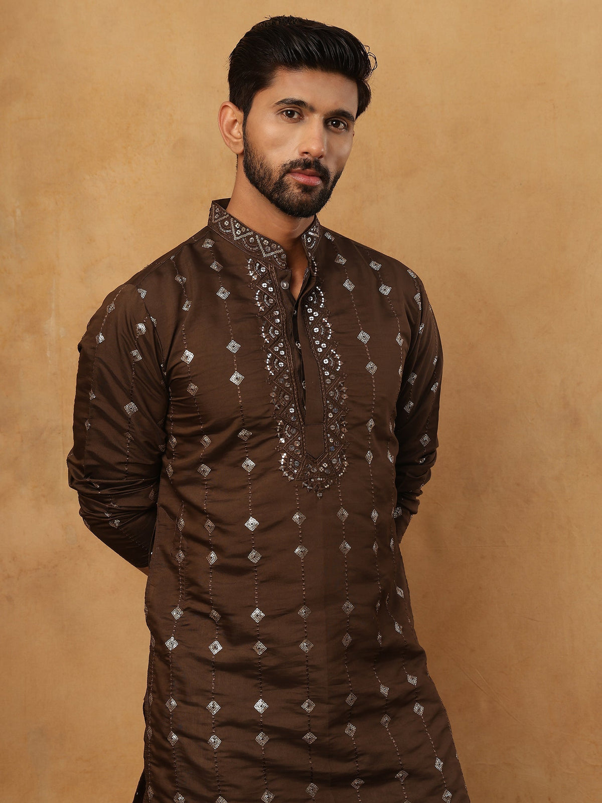 Festive Silk Blend Sequin Work Kurta Pyjama Set