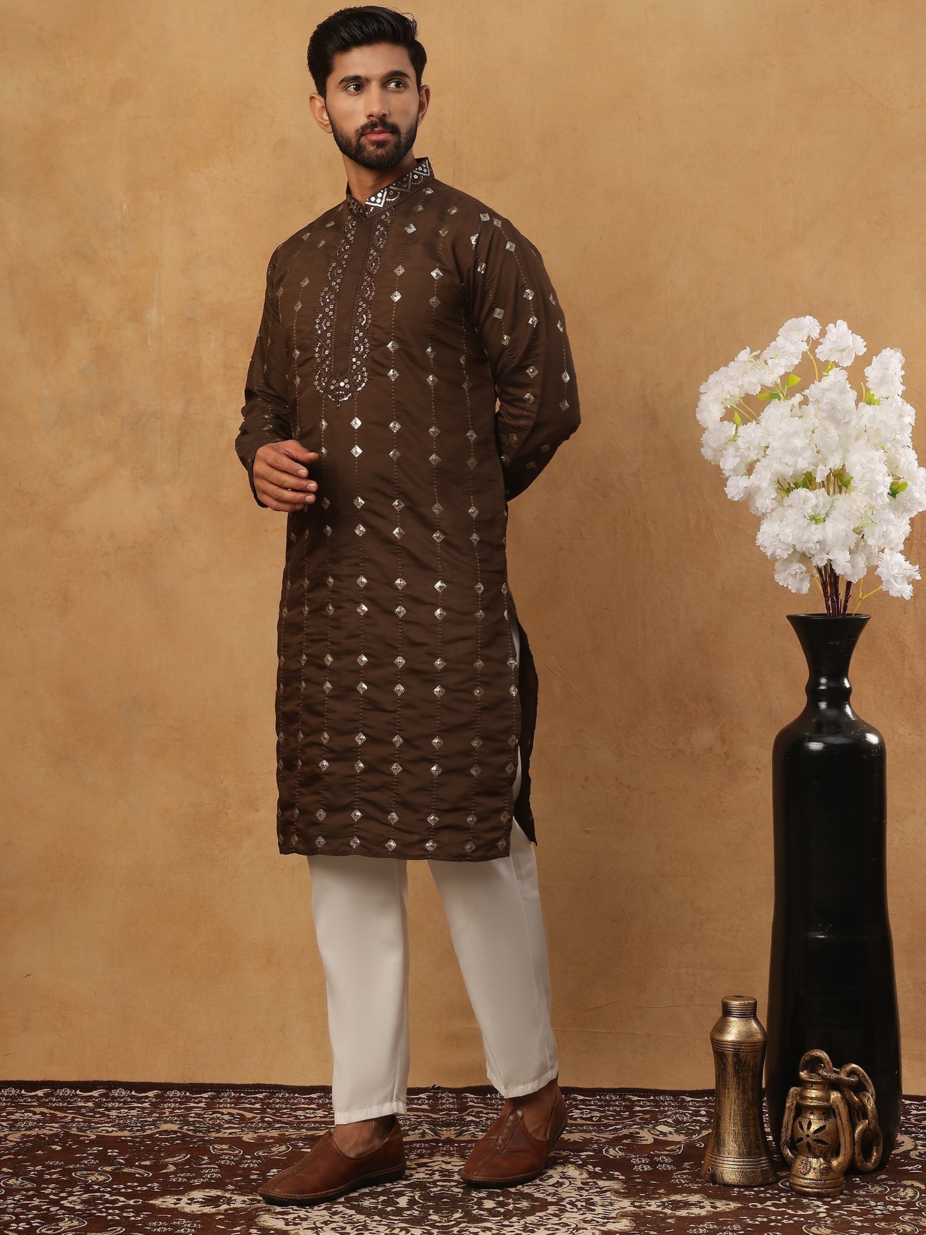 Festive Silk Blend Sequin Work Kurta Pyjama Set