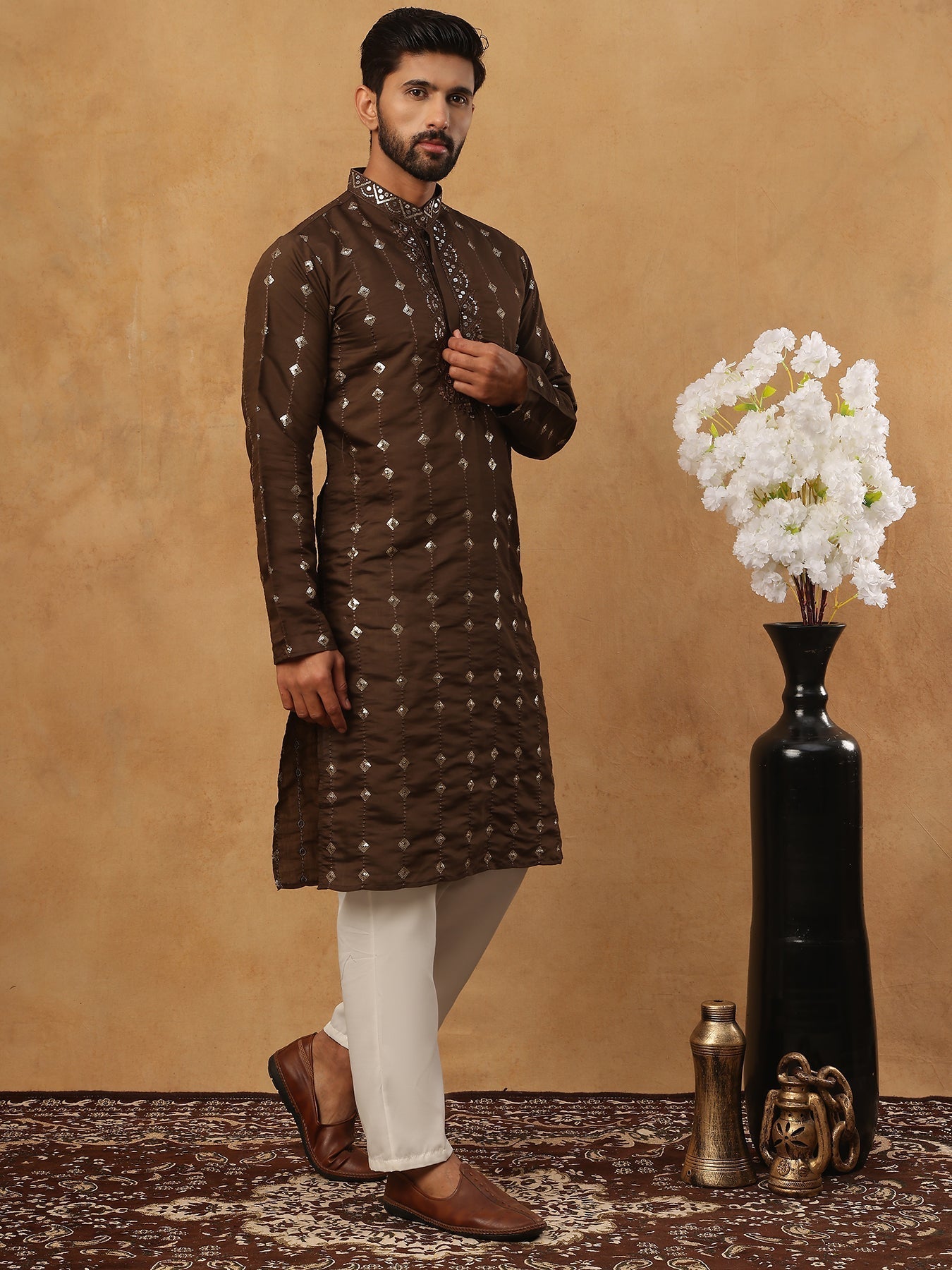 Festive Silk Blend Sequin Work Kurta Pyjama Set