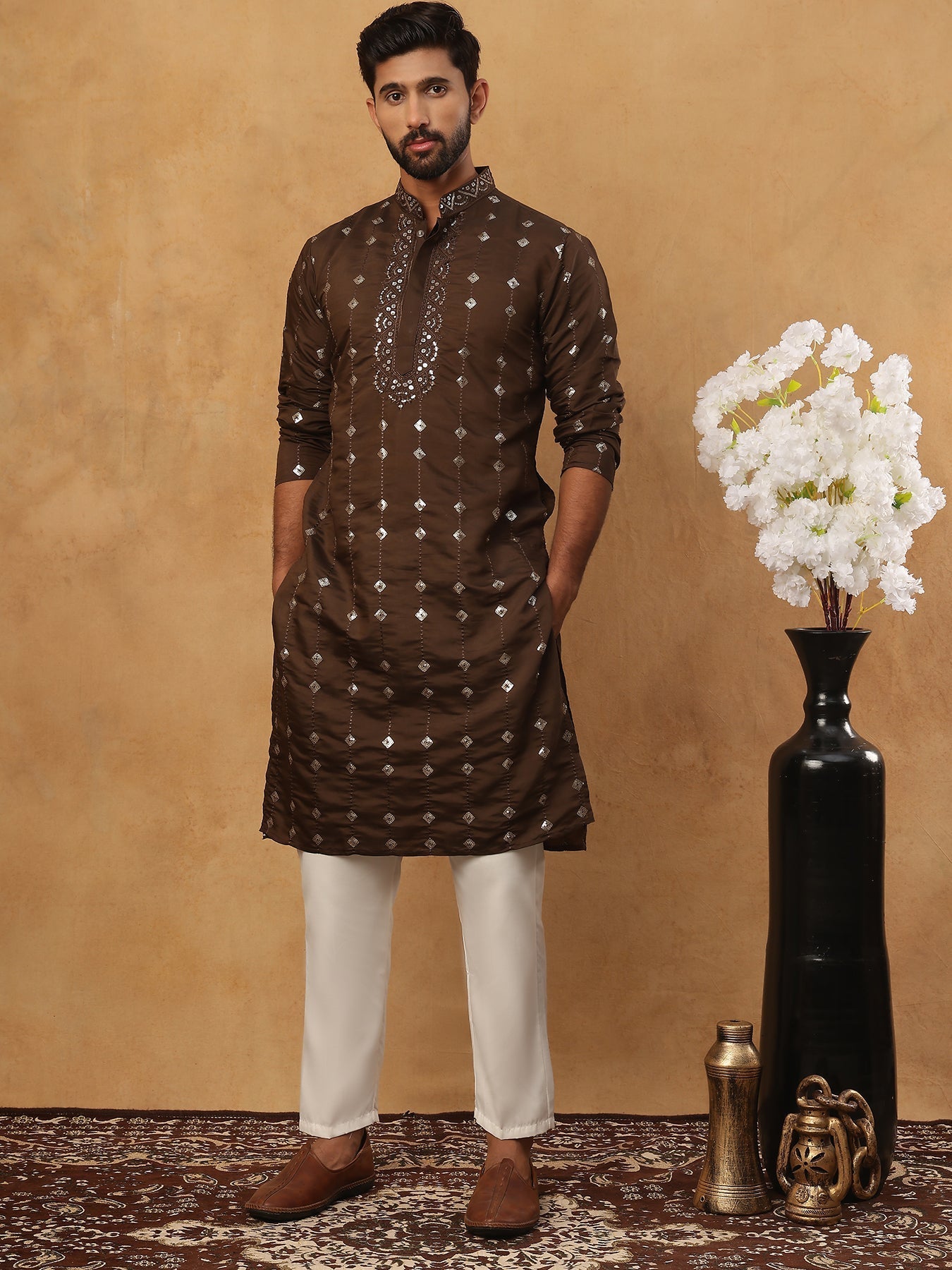 Festive Silk Blend Sequin Work Kurta Pyjama Set