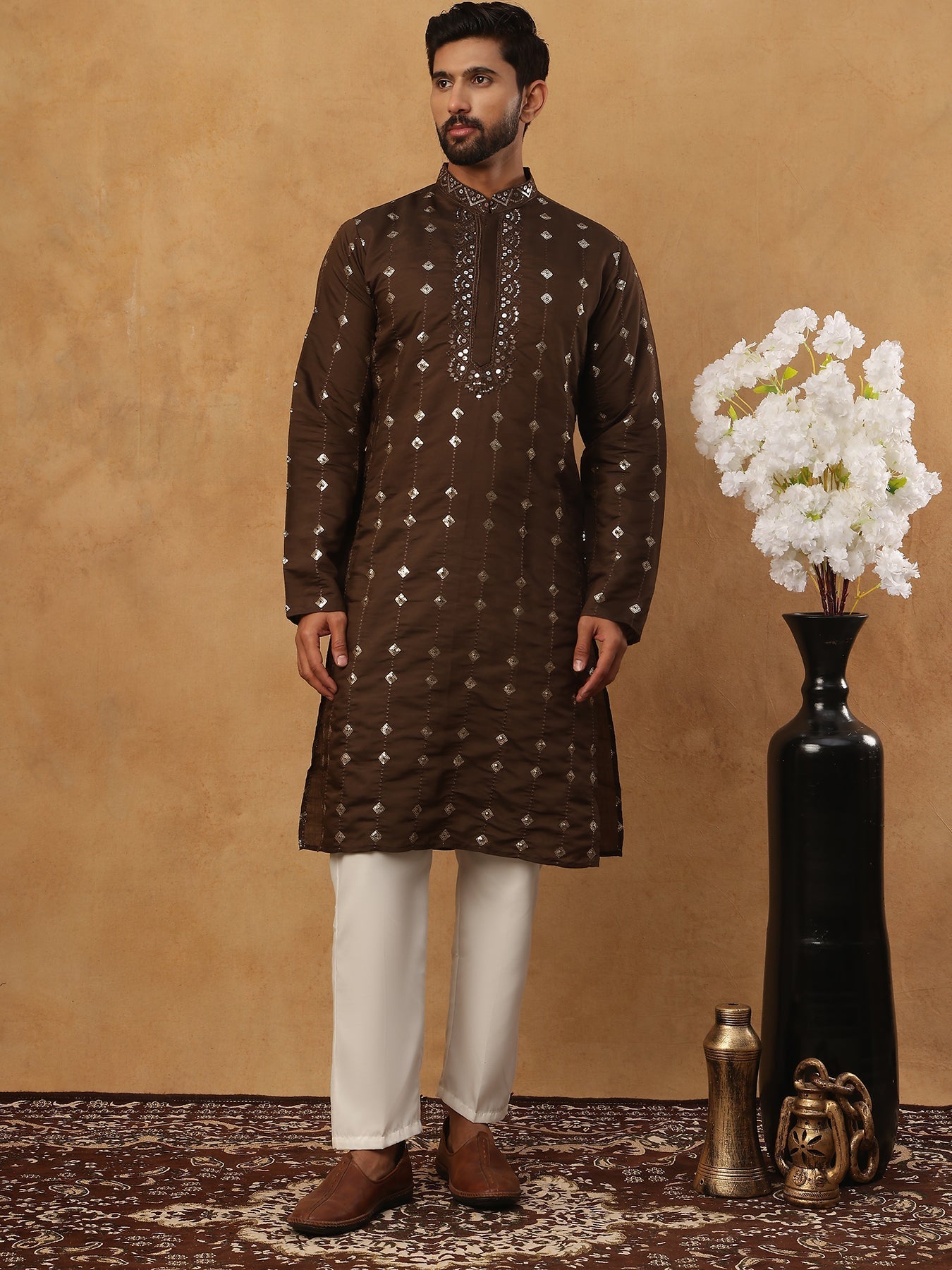 Festive Silk Blend Sequin Work Kurta Pyjama Set