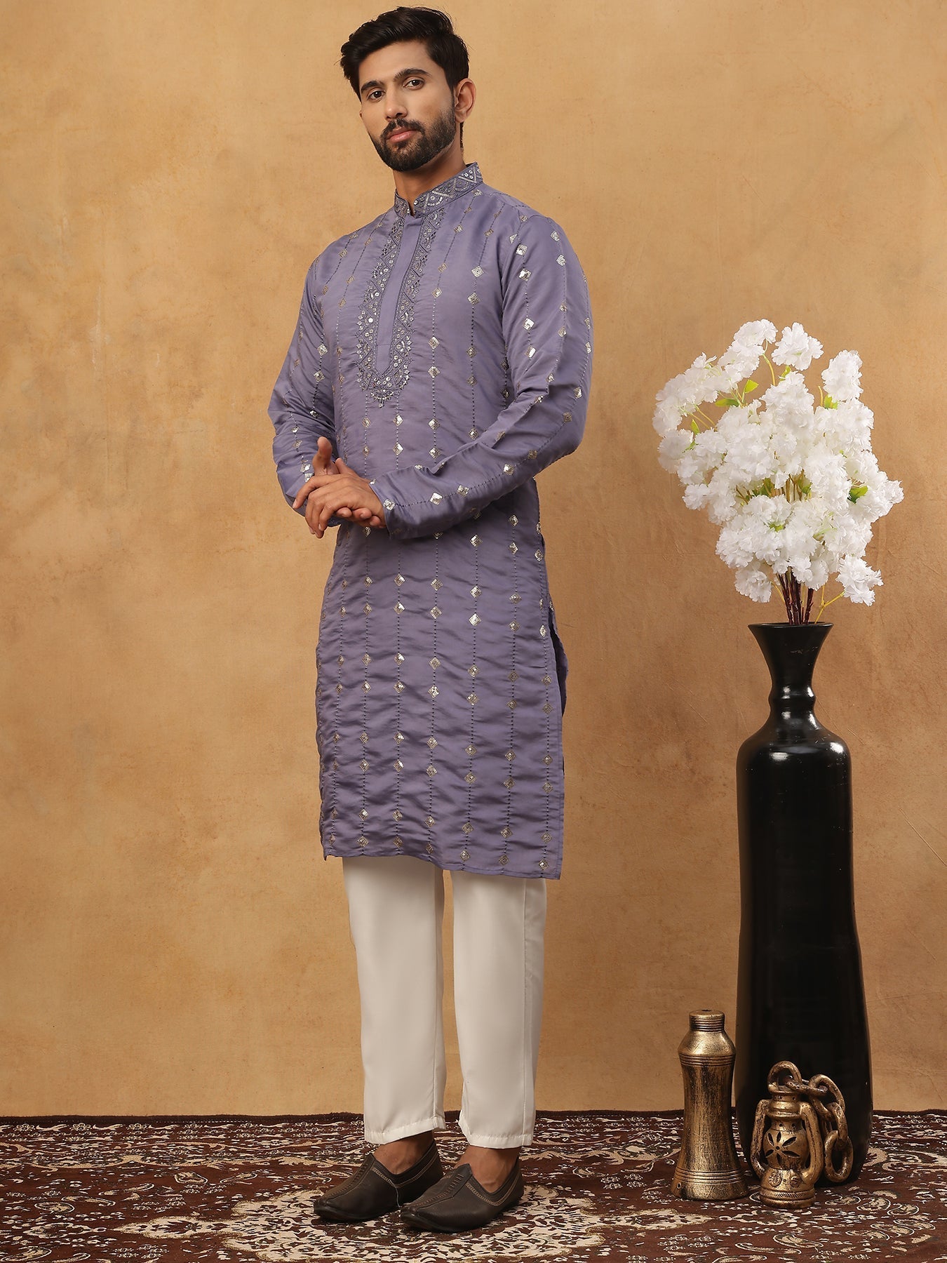 Festive Silk Blend Sequin Work Kurta Pyjama Set
