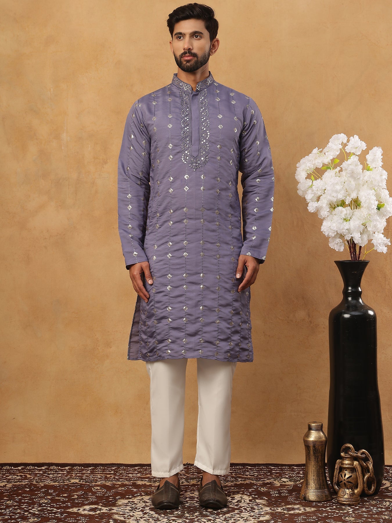 Festive Silk Blend Sequin Work Kurta Pyjama Set
