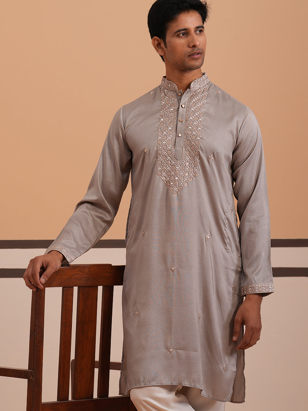 mens geometric embroidered kurta set