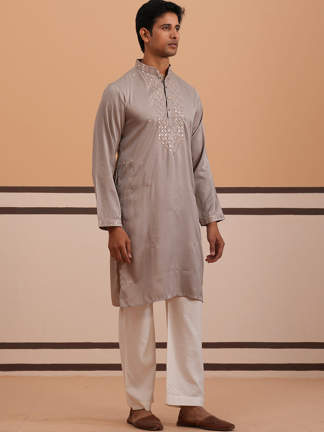 Mens Geometric Embroidered Kurta Set
