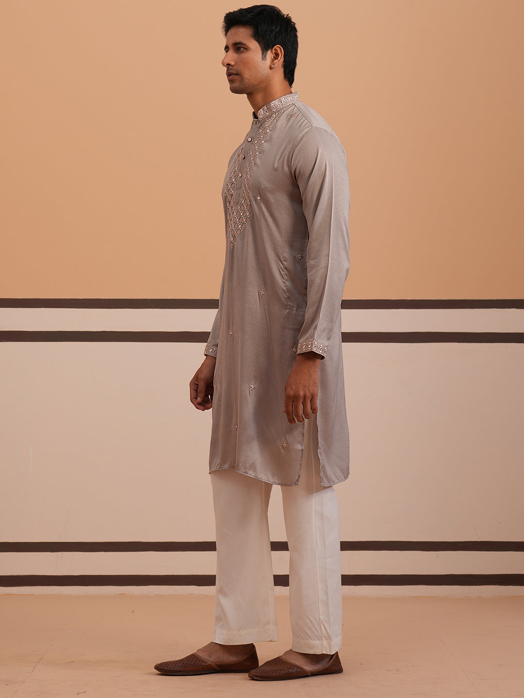 mens geometric embroidered kurta set