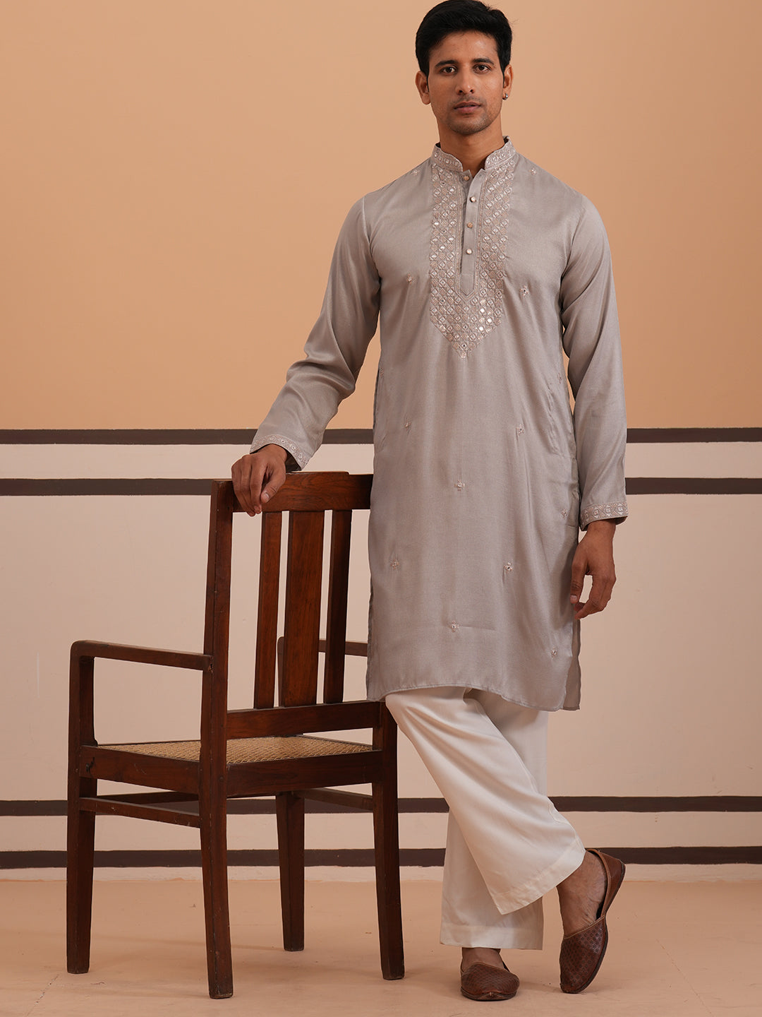 mens geometric embroidered kurta set