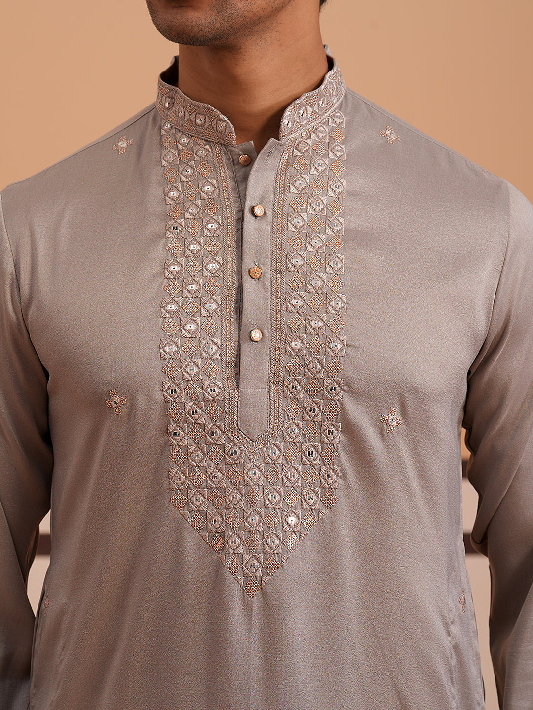 mens geometric embroidered kurta set