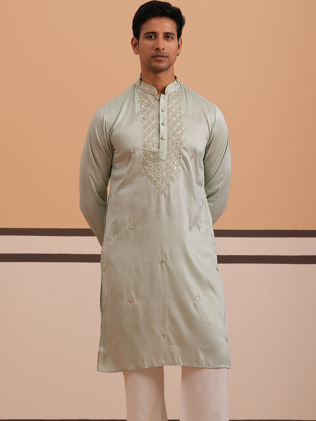 mens geometric embroidered kurta set