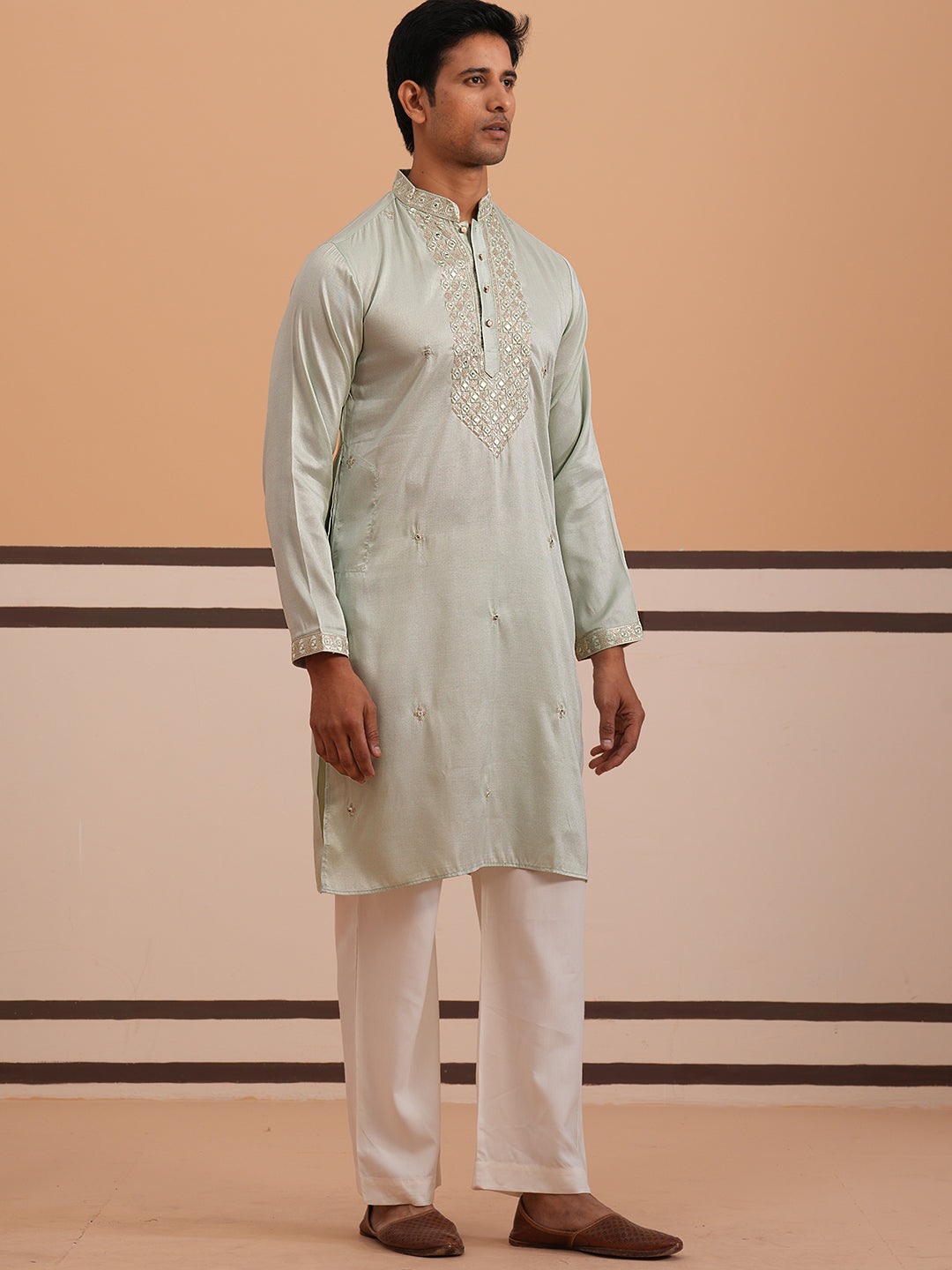 mens geometric embroidered kurta set