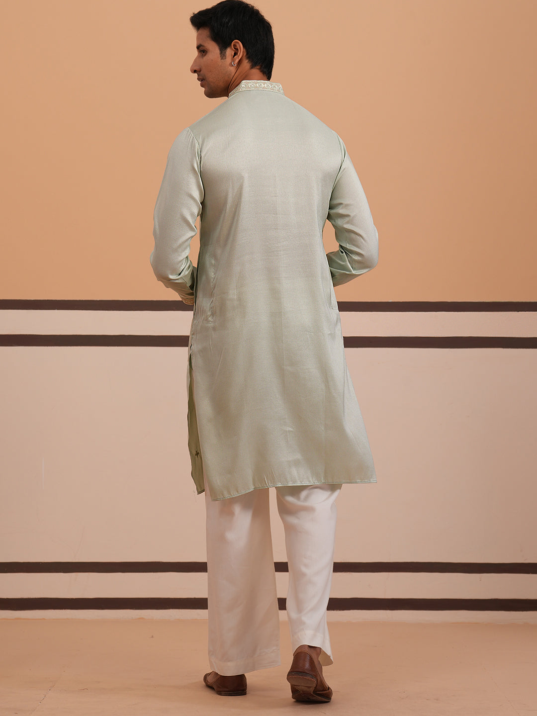 mens geometric embroidered kurta set