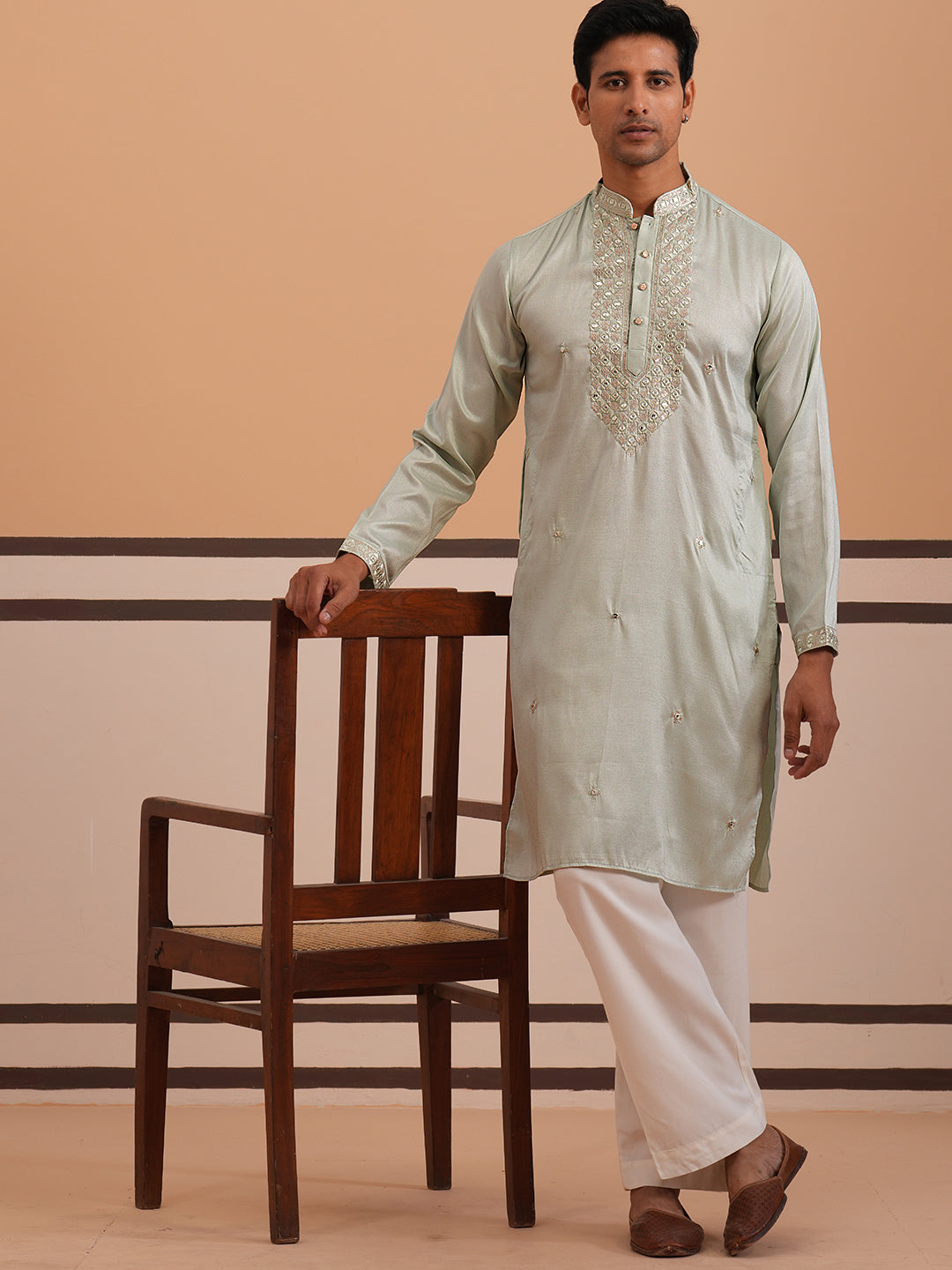 mens geometric embroidered kurta set