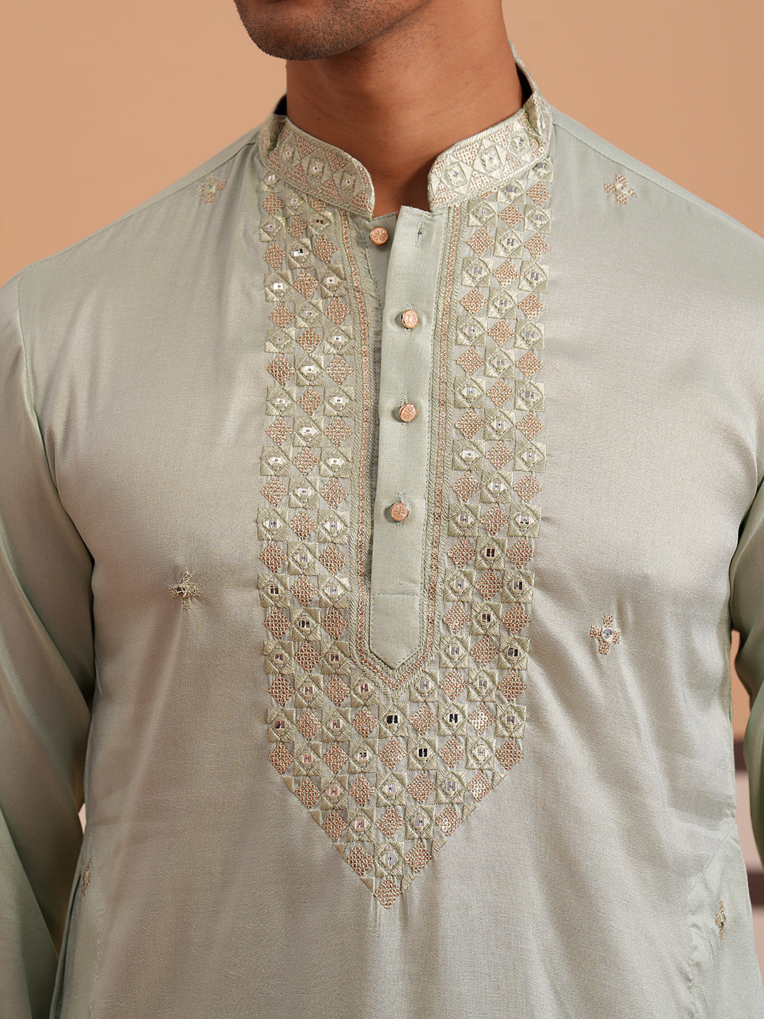 mens geometric embroidered kurta set