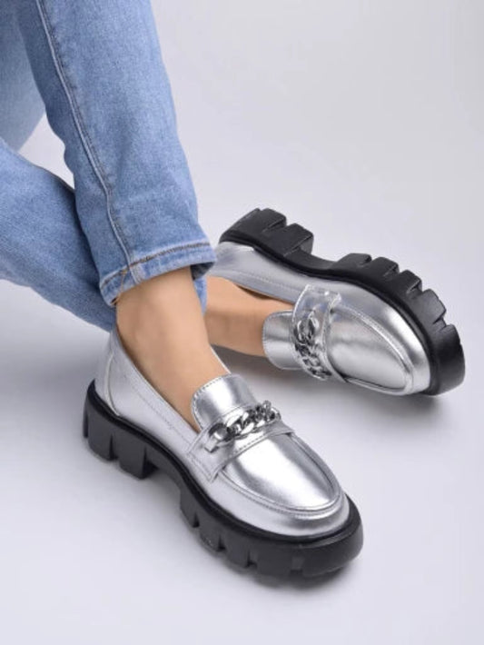 Shoetopia - Smart Casual Chain Detailed Silver Loafers For Women & Girls