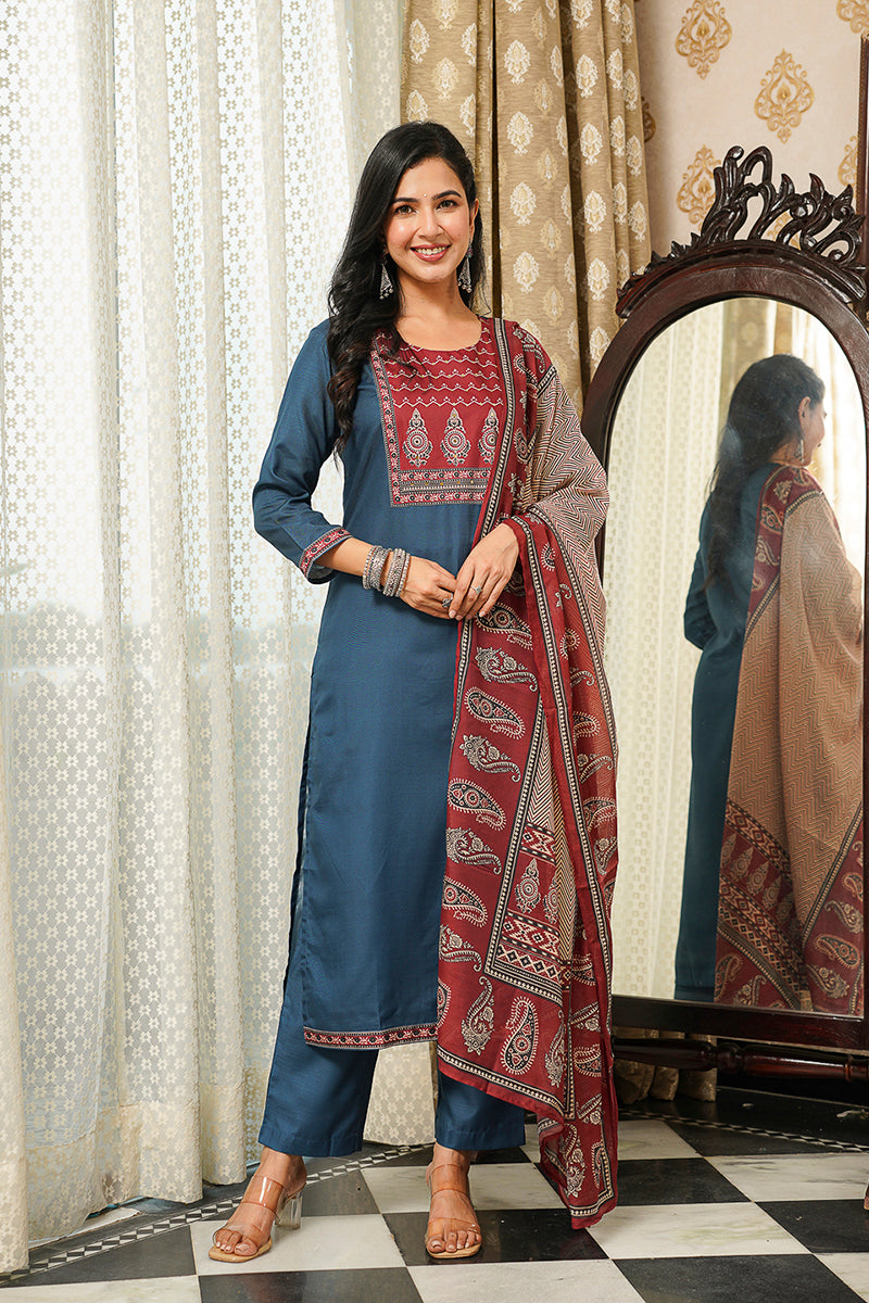 blue rayon blend ajrakh printed straight kurta trousers with dupatta