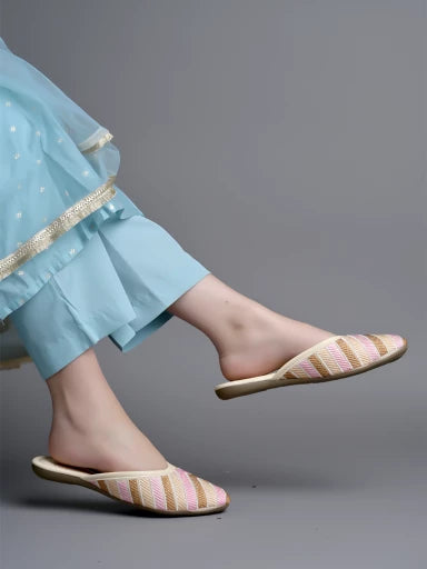 Emberoidered Cream Flat Mules For Women & Girls