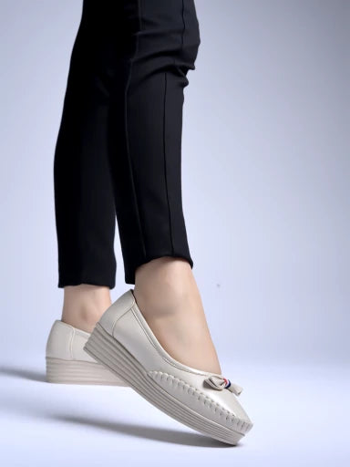 Bow detailed Casual Cream Loafers For Women & Girls