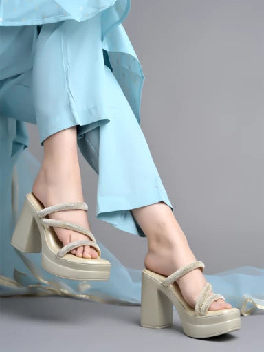 Embellished Golden Block Heels For Women & Girls