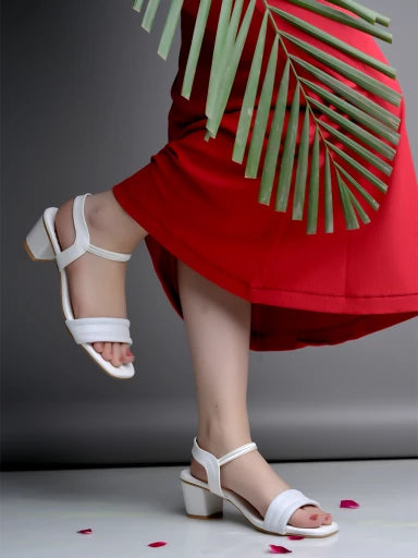 Solid White Block Heeled Sandals For Women & Girls