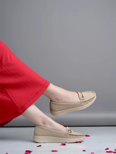Buckle detailed Casual Cream Loafers For Women & Girls