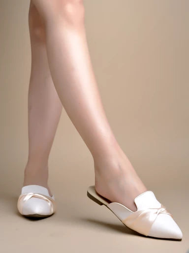 Solid Pointed Toe Cream Flat Mules For Women & Girls
