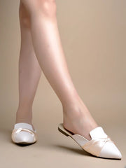 Solid Pointed Toe Cream Flat Mules For Women & Girls