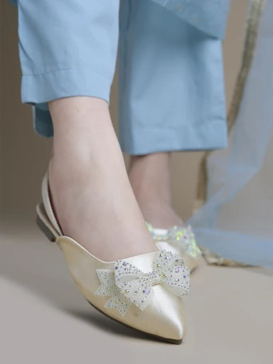 Embellished Rhinestone Bow Detailed Cream Flats For Women & Girls