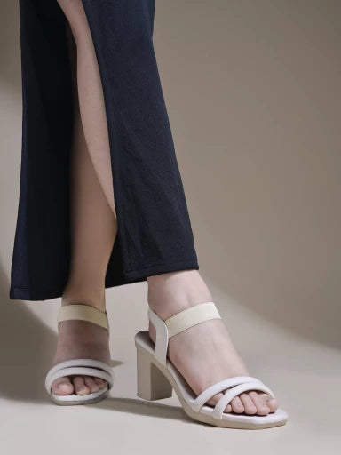 Elegant Cream Block Heeled Sandals For Women & Girls