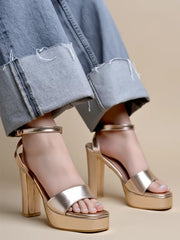 Casual Ankle Strap Rose-Gold Heeled Sandals For Women & Girls