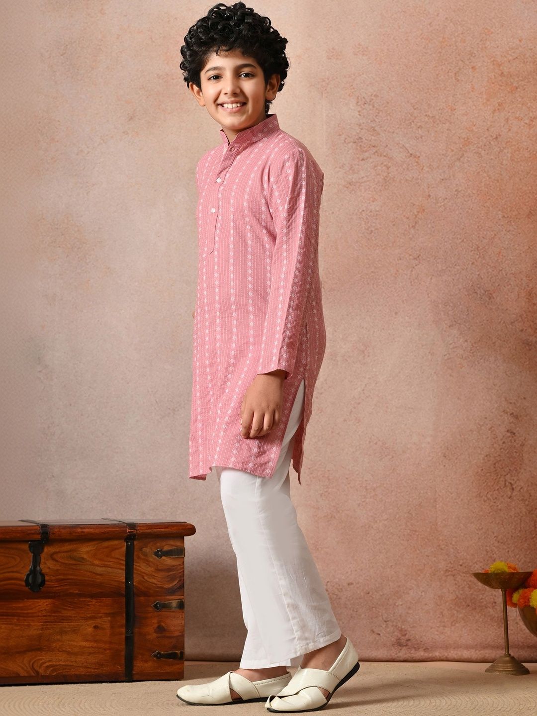 Indi Loom Couture Boys Pink Embroidered Kurta with Pyjama Set ILBKS34